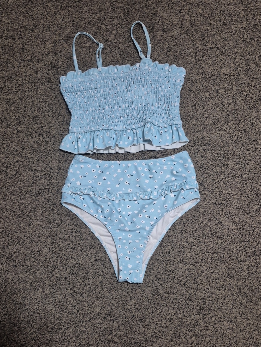 Source Unknown Light Blue Floral Smocked Ruffle Bikini Set